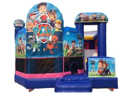 Hüpfburg mit Paw-Patrol-Motiv, farbenfrohes Design in Blau und Pink, mit Rutsche und Spielbereich, ideal für Kinderfeste. Jetzt günstig kaufen!