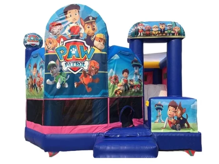 Hüpfburg mit Paw-Patrol-Motiv, farbenfrohes Design in Blau und Pink, mit Rutsche und Spielbereich, ideal für Kinderfeste. Jetzt günstig kaufen!