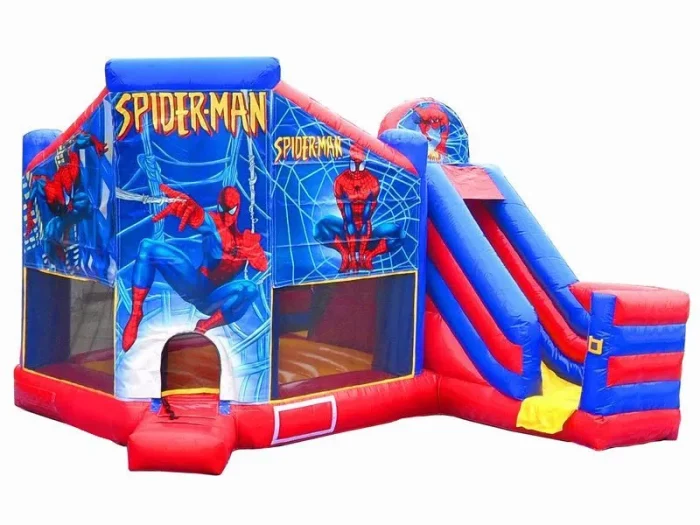 Hüpfburg mit Spider-Man-Motiv, leuchtendes Blau-Rot-Design, großer Spielbereich mit Rutsche, perfekt für Kindergeburtstage. Jetzt günstig bestellen!