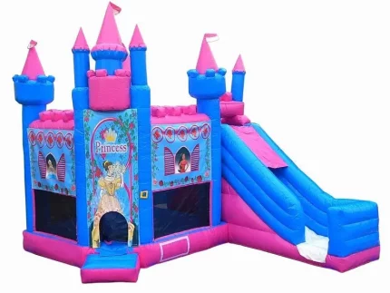 Hüpfburg Prinzessin-Schloss, märchenhaftes Design in Pink und Blau, mit Türmen, Rutsche und Spielbereich, ideal für Kinderpartys. Jetzt online kaufen!