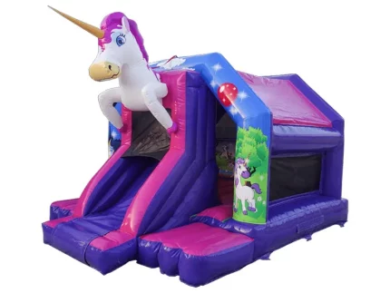 Einhorn-Hüpfburg in Lila und Pink mit integrierter Rutsche, ideal für Kindergeburtstage, hochwertig, günstig online kaufen und bestellen.