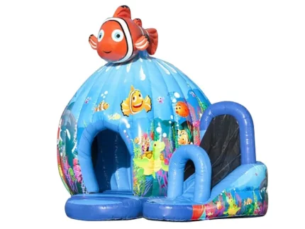 "Blaue Hüpfburg mit Meeresmotiv, inkl. Delfin und Fisch-Design, perfekt für Kinderpartys. Jetzt günstig online kaufen und hochwertig bestellen!"